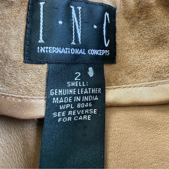 INC 100% Leather Suede Tan Flat Front Straight Leg Stitch Detail Pants WMs 2 EUC - Picture 3 of 11